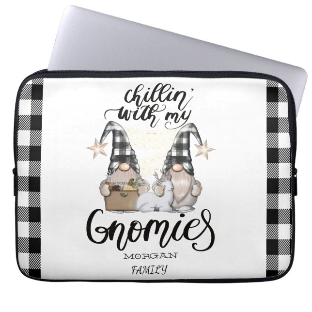 Adorable Cute Gnomes Black Buffalo Plaid Laptop Sleeve (Front)