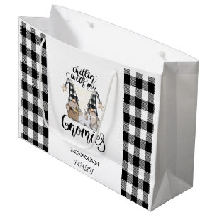 Adorable Cute Gnomes Black Buffalo Plaid Large Gift Bag