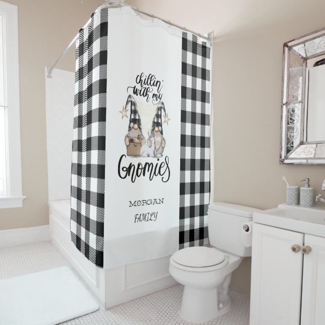Adorable Cute Gnomes Black Buffalo Plaid Shower Curtain (In Situ)