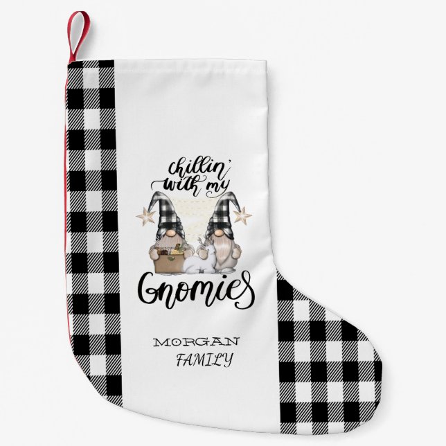 Adorable Cute Gnomes Black Buffalo Plaid Small Christmas Stocking (Front)