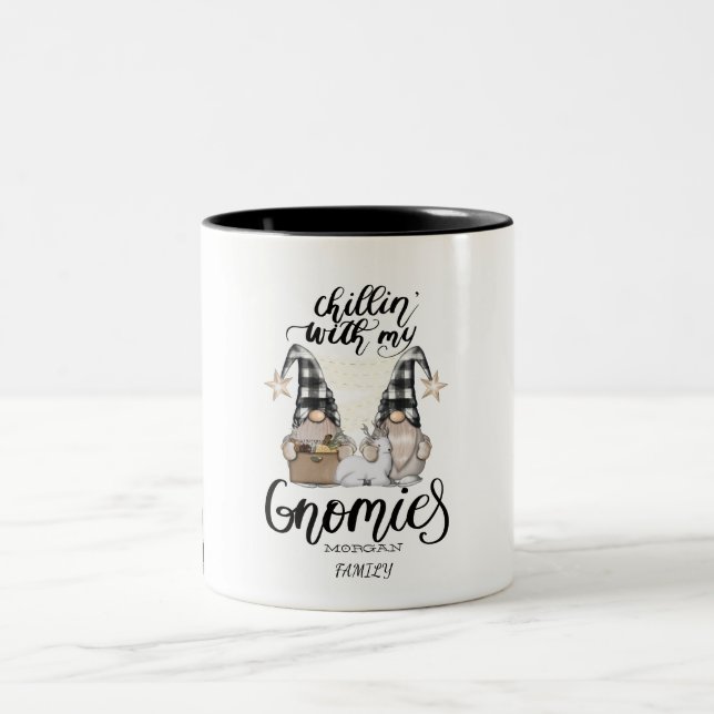 Adorable Cute Gnomes Black Buffalo Plaid Two-Tone Coffee Mug (Center)