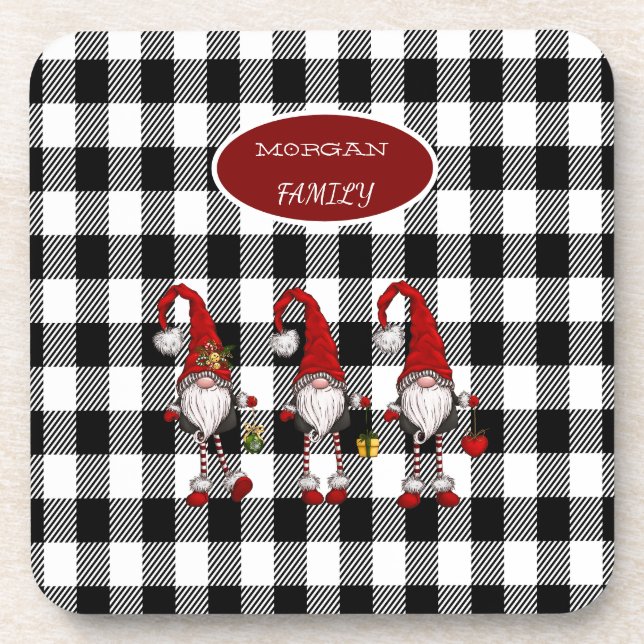 Adorable Cute Gnomes Buffalo Plaid Coaster (Front)