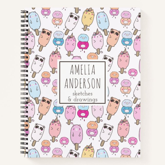 Adorable Cute Kawaii Farm Animals Custom Name  Notebook (Front)