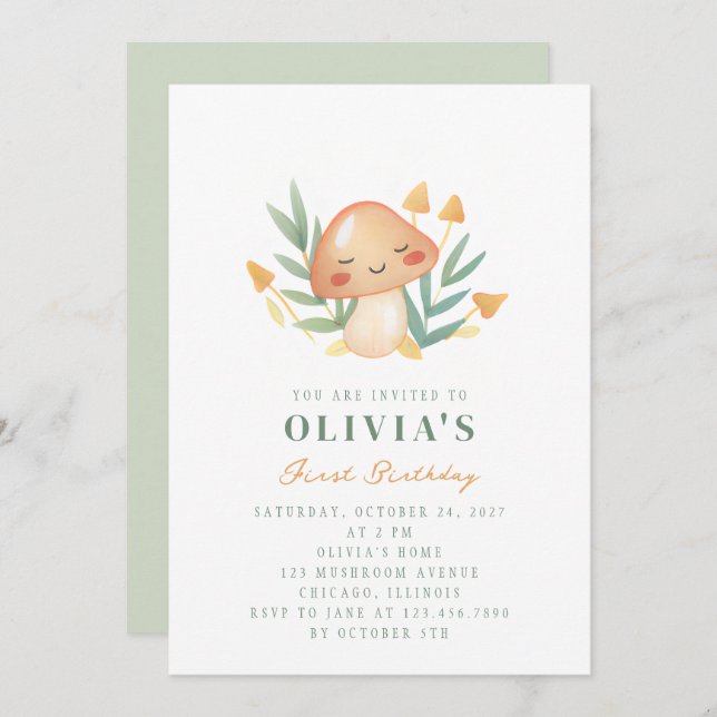 Adorable Cute Little Mushroom First Birthday Party Invitation (Front/Back)