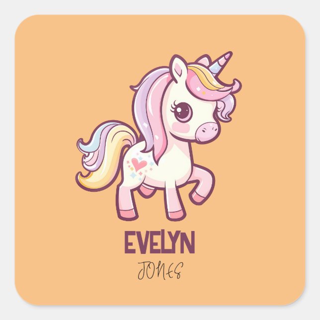 Adorable Cute Pastel Unicorn with Kids Name Square Sticker (Front)