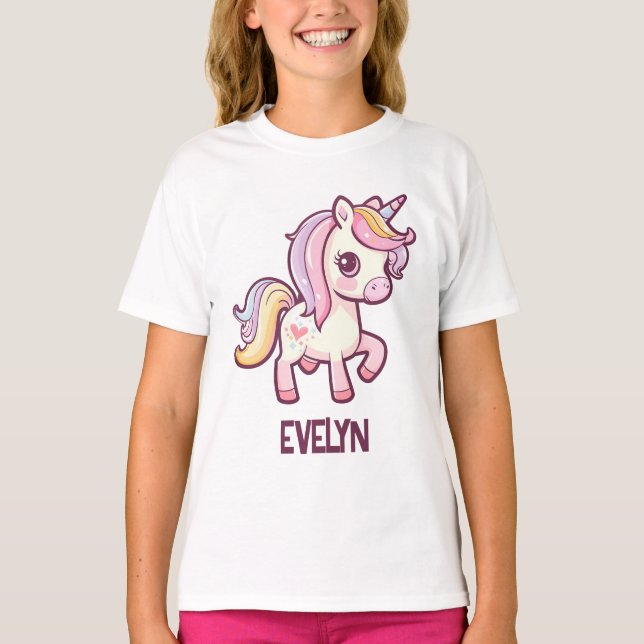 Adorable Cute Pastel Unicorn with Kids Name T-Shirt (Front)