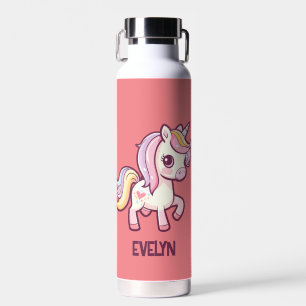 Adorable Cute Pastel Unicorn with Kids Name Water Bottle