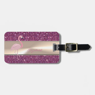Adorable Cute Pink Flamingo On Glittery Luggage Tag