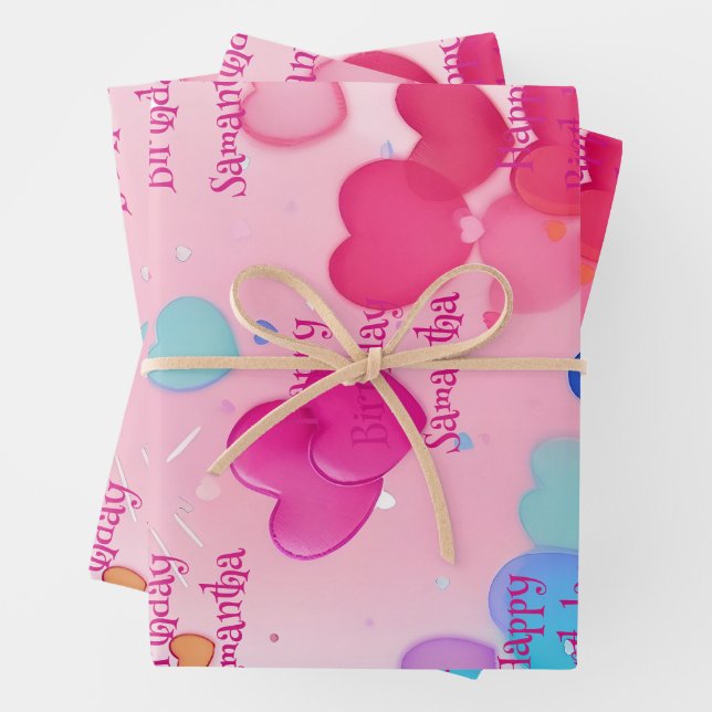 Adorable Cute Pink Girly Hearts Happy Birthday  Wrapping Paper Sheet (In situ)