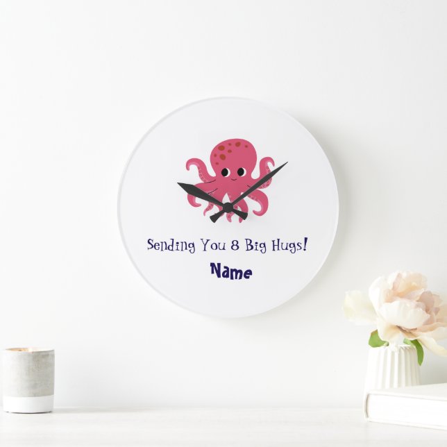 Adorable Cute Pink Octopus Kawaii Illustration Large Clock (Home)