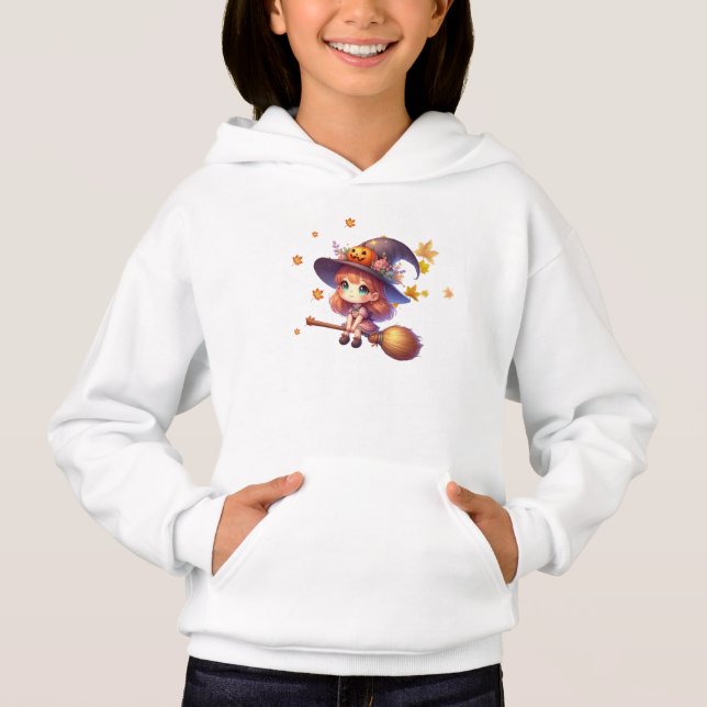Adorable Cute Witch flying with broom, Halloween (Front)