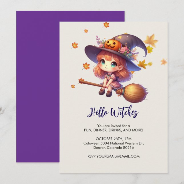 Adorable Cute Witch flying with broom, Halloween Invitation (Front/Back)
