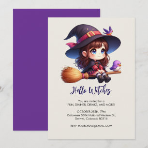 Adorable Cute Witch with 2 birds, Halloween Invitation