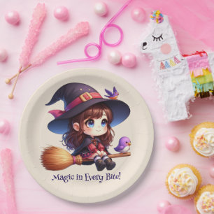 Adorable Cute Witch with 2 birds, Halloween Paper Plate