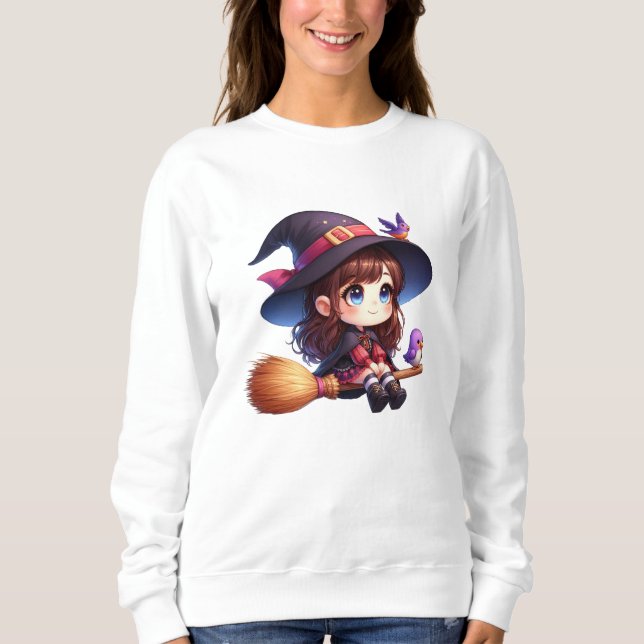 Adorable Cute Witch with 2 birds, Halloween Sweatshirt (Front)