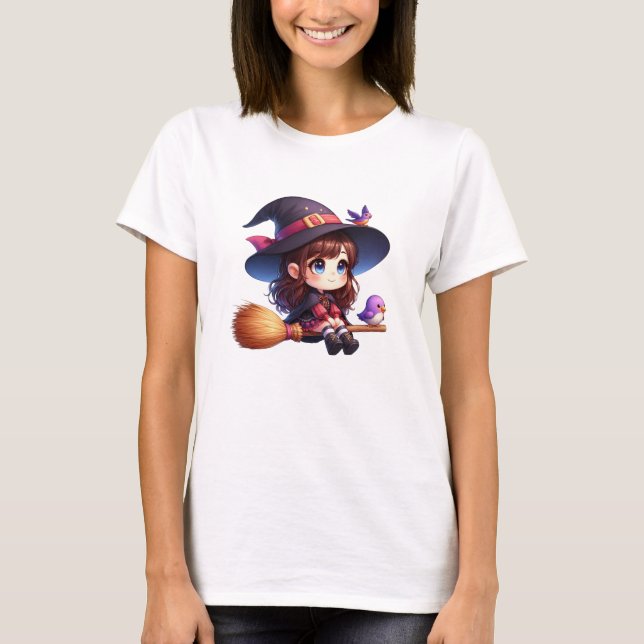 Adorable Cute Witch with 2 birds, Halloween T-Shirt (Front)