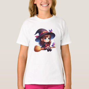 Adorable Cute Witch with 2 birds, Halloween T-Shirt