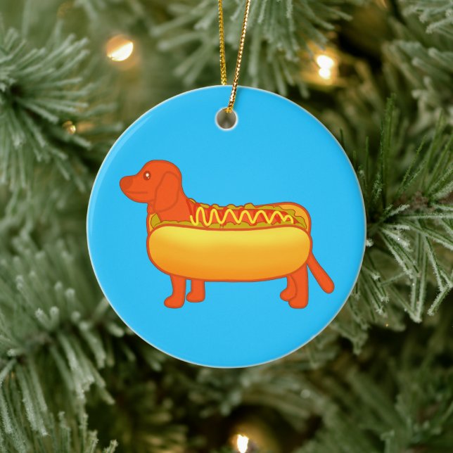 Adorable Dachshund Hot Dog Ceramic Tree Decoration (Tree)