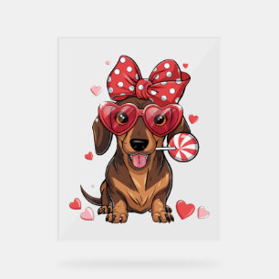 Adorable Dachshund In Heart Glasses And Polka Dot Acrylic Sign
