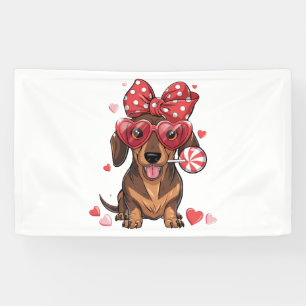 Adorable Dachshund In Heart Glasses And Polka Dot Banner