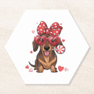 Adorable Dachshund In Heart Glasses And Polka Dot Paper Coaster