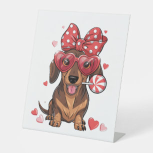 Adorable Dachshund In Heart Glasses And Polka Dot Pedestal Sign