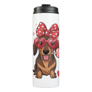 Adorable Dachshund In Heart Glasses And Polka Dot Thermal Tumbler