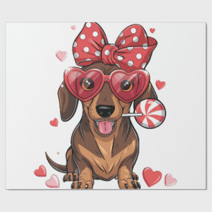 Adorable Dachshund In Heart Glasses And Polka Dot Wrapping Paper