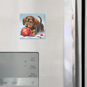 Adorable Dachshund Puppy Playing With Red Ball Magnet