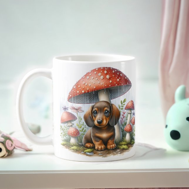 Adorable Dachshund Puppy Under Mushroom Umbrella Coffee Mug (Creator Uploaded)