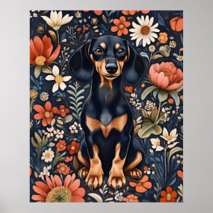 Adorable Dachshund Surrounded By Vibrant Flowers Poster