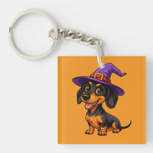 Adorable Dachshund Wearing Purple Wizard Hat Key Ring