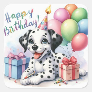 Adorable Dalmatian Puppy Birthday Party Illustrati Square Sticker