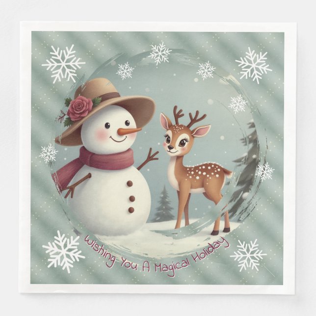 Adorable Deer And Snowman Holiday Napkin (Front)
