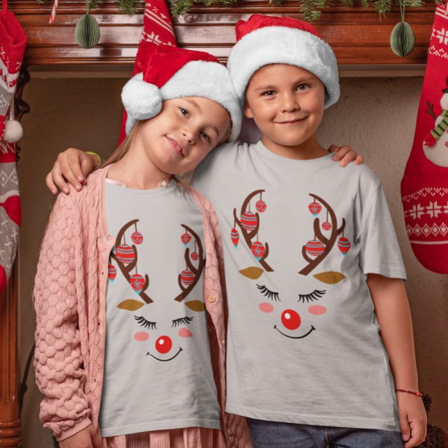 Adorable Deer Face with Ornaments on Antlers Kids T-Shirt (Adorable Deer Face with Ornaments on Antlers Kids T-Shirt)