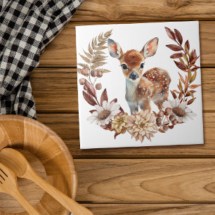 Adorable Deer Fawn Autumn Wreath Tile