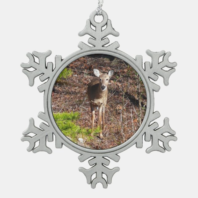 Adorable Deer in the Woods Nature Photography Snowflake Pewter Christmas Ornament (Front)