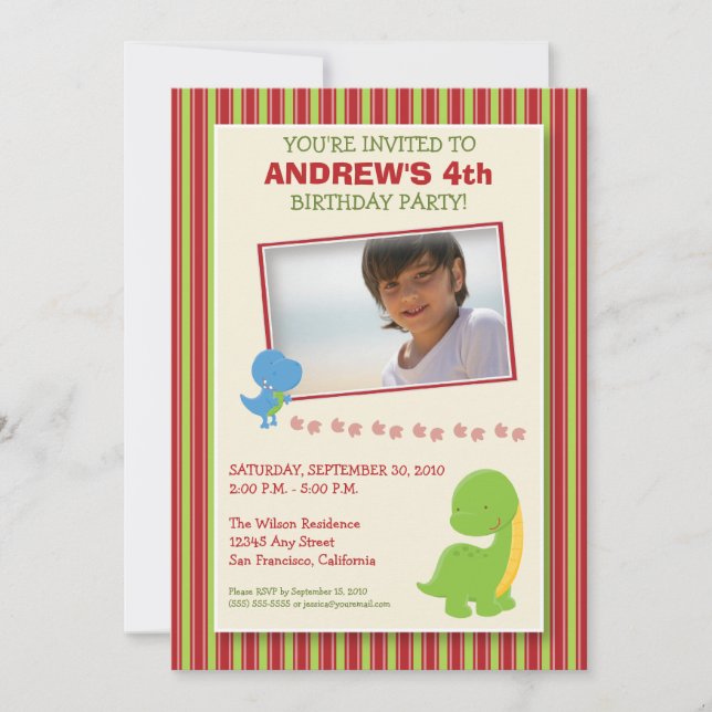 Adorable Dinosaur Birthday Party Invite (red) (Front)