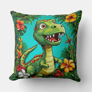 Adorable Dinosaur Surrounded by Colourful Flowers Cushion