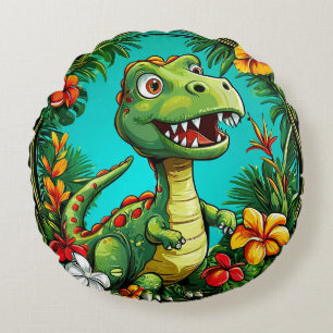 Adorable Dinosaur Surrounded by Colourful Flowers Round Cushion