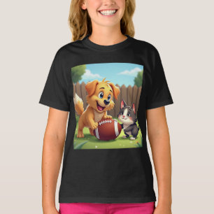 Adorable Dog and Cat Playing with a Football T-Shirt