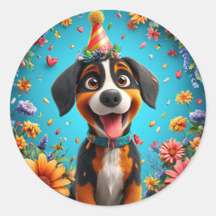 Adorable Dog Celebrating Birthday party Classic Round Sticker