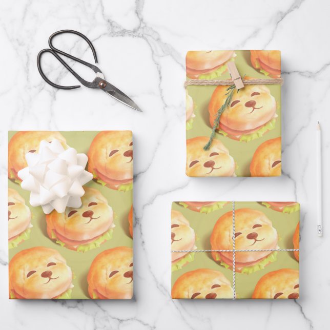 Adorable Dog Face Burger Pattern Wrapping Paper Sheet (Front)