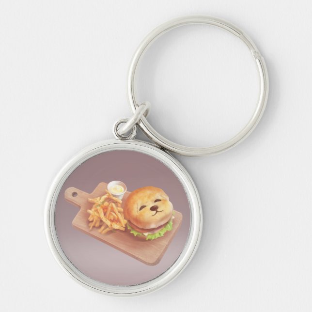 Adorable Dog Face Burger with Fries Key Ring (Front)
