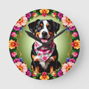 Adorable Dog Framed by Colorful Flowers Round Clock