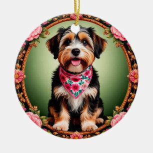 Adorable Dog Framed by Colourful Flowers Ceramic Tree Decoration
