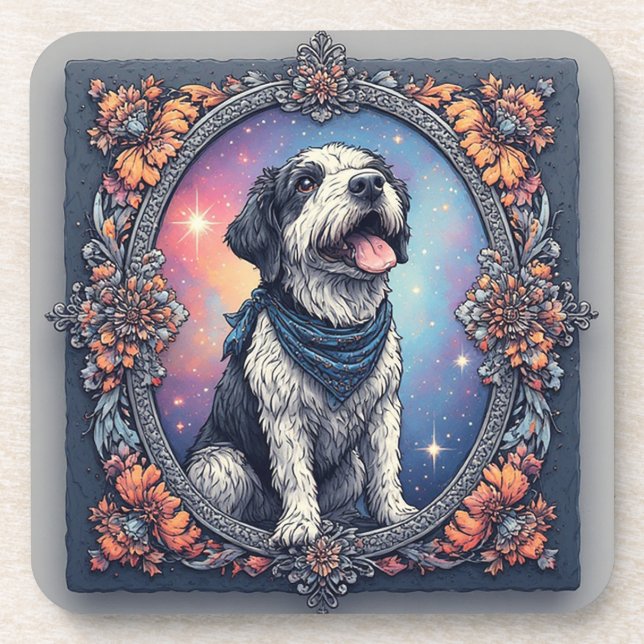 Adorable Dog Framed by Colourful Flowers Coaster (Front)