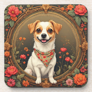 Adorable Dog Framed by Colourful Flowers Coaster