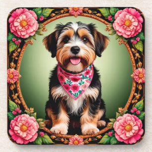 Adorable Dog Framed by Colourful Flowers Coaster