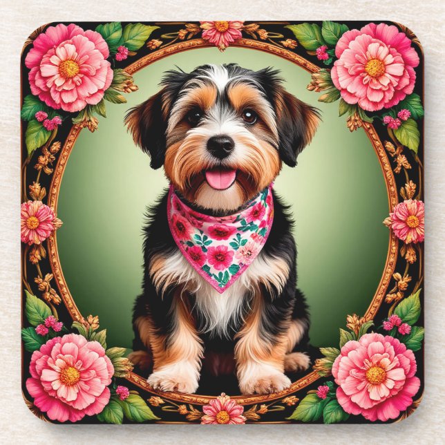 Adorable Dog Framed by Colourful Flowers Coaster (Front)